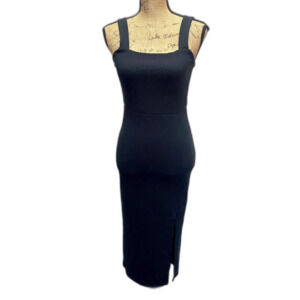 Forever 21‎ Black Ribbed Bodycon Midi Dress Square Neck Leg Slit Size Small